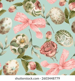 Easter seamless pattern with flower egg and ribbon on the blue background. Hand drawn watercolor design in vintage style. Cute nature print idel for wallpaper. Perfect for holiday fabric and paper.