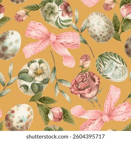Easter seamless pattern with flower egg and ribbon on a yellow background. Hand drawn watercolor design in vintage style. Cute nature print idel for wallpaper. Perfect for holiday fabric and paper.