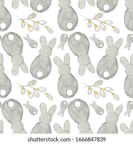 Easter seamless pattern with spring twigs easter pussy willow tree and grey bunnies isolated on white background. Pattern for greeting cards, wrapping paper, design diaries, fabrics and wallpapers.