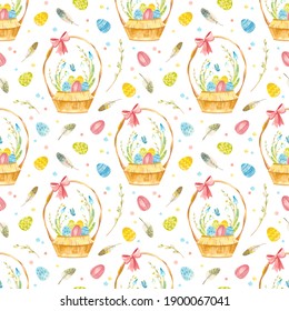Easter seamless pattern. Template with osier basket, Easter eggs and spring flowers. Watercolor clipart on white background