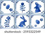 easter seamless pattern vintage style with easter bunnies and flowers. blue watercolor tile