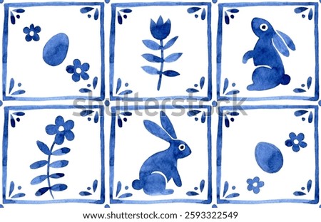 easter seamless pattern vintage style with easter bunnies and flowers. blue watercolor tile