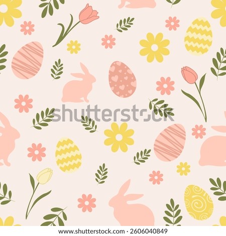 Easter seamless texture, pattern, chicken eggs with graphic pattern of flowers, rabbit. vector illustration for the Happy Easter holiday. Spring background for decoration.