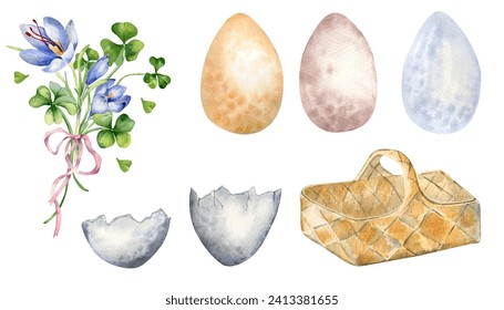 Easter set with colorful eggs, egg shell and spring flower watercolor illustration isolated on white. Empty straw basket, varicolored eggs hand drawn. Painted set for Easter design in neutral color - Powered by Shutterstock