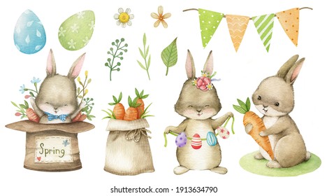 Easter set. Rabbits, carrots, flora. Watercolour illustration. Spring break.