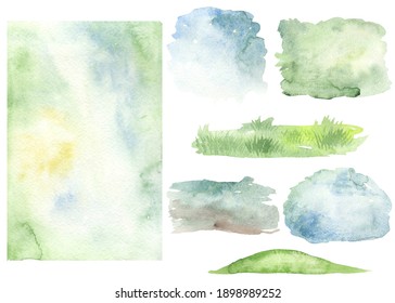 Easter Spring Backgrounds, Blue, Green. Watercolor Clipart. Hand Drawn Illustration