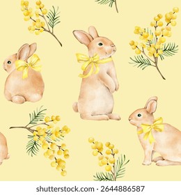 Easter spring pattern with bunnies and mimosa flowers.Animals and floral print.Spring fabric design.Easter rabbit