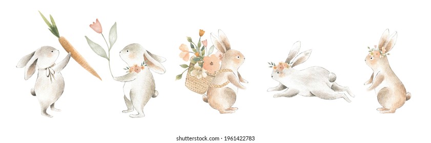 Easter Spring watercolor illustration and bunny   flowers in pastel tones for children   baby nursery 
