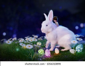 Easter Sunday symbol, the white rabbit surrounded by many glowing Easter egg and the little daisy flower, fantasy looks 3d illustration with meadow at the night in the background.