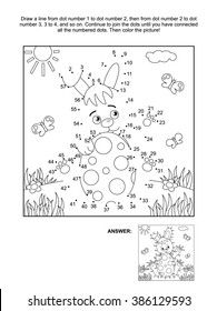 Easter Themed Connect The Dots Picture Puzzle And Coloring Page With Bunny And Painted Egg. Answer Included.
