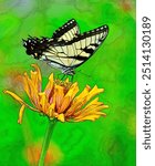 Easter Tiger Swallowtail Butterfly on Cosmos Flower, Digital Illustration