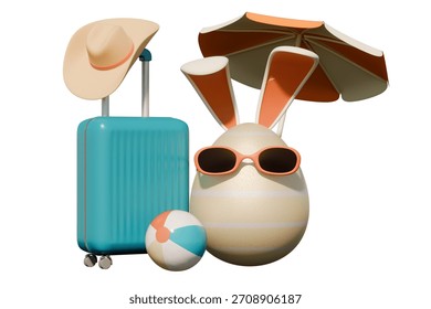 Easter vacation essentials with a bunny egg wearing sunglasses, suitcase, beach ball, and umbrella. 3d rendering.