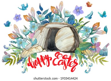 Easter watercolor card: cave of Jesus Christ, floral wreath with butterflies, birds and rabbits, lettering "Happy Easter". Easter print, decor, Christian Sunday, Holy Sepulcher, children's Easter