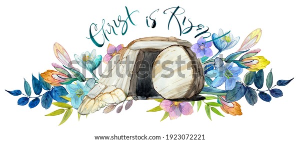 \
Easter\
watercolor illustration: the cave of Jesus Christ, a flower wreath,\
the inscription \