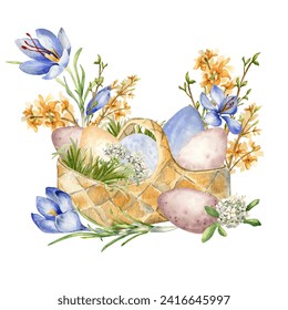 Easter watercolor illustration with colorful eggs in basket and spring flowers isolated on white. Straw basket with varicolored eggs, crocus hand painted for Easter design in neutral color - Powered by Shutterstock