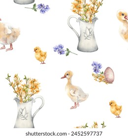 Easter watercolor seamless pattern with colorful eggs and first spring flowers isolated on white. Flowers in jug with farm pets hand drawn for Easter design. Chick, gosling painted for textile - Powered by Shutterstock