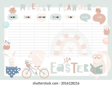 Easter weekly planner with cute easter bunny, cakes and rainbow in boho style. Kids schedule design template. Kids illustration.