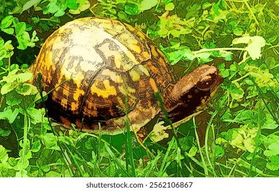 Eastern Box Turtle in Grass and Clover, Digital Illustration