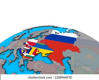 Eastern Europe With Embedded National Flags On Political 3D Globe. 3D Illustration.