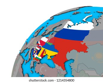 Eastern Europe With National Flags On 3D Globe. 3D Illustration.