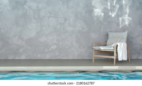 Easy Chair With White Towel On The Side Of Swimming Pool With Rough Concrete Wall. The Light Reflected On Pool Water, Make A Caustic Light On The Wall. 3D Illustration.