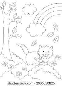 Easy Coloring Page For Kids, Cute Kitten Playing In A Garden With A Tree, Flowers And A Rainbow In Sky. Vertical Orientation, You Can Print It On 8.5x11 Inch Paper