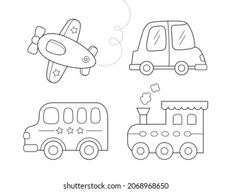 easy coloring page for kids   toddlers to learn about land   air transportation vehicles  black   white outline illustration cute train  bus  car   airplane  you can print it 8 5x11 in