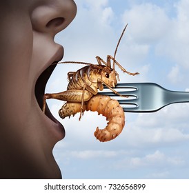 Eat Insects And Eating Bugs As Exotic Cuisine And Alternative High Protein Nutrition Food As A Person With An Open Mouth With A Cricket And Larva On A Fork With 3D Render Elements.