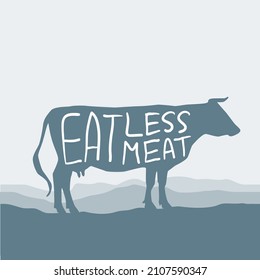 Eat less meat. Cow silhouette graze in the field, landscape, sky, grass, pasture. Blue, gray background. Pollution problem concept Eco, ecology banner poster. 