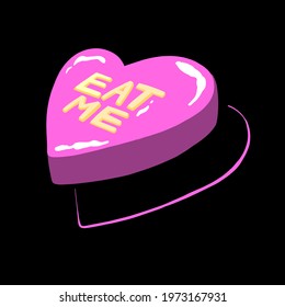 Eat Me Candy Heart With Bright Pink Sweet Candy And Pale Yellow Lettering On A Black Background, Single Illustration Hand Drawn Icon For Valentines, Cards, Stickers, Magnets, Presents, Gifts