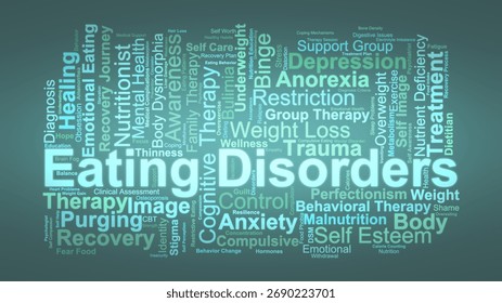 Eating Disorders Word Cloud. Composition Of Terms Related To Anorexia, Bulimia, Binge Eating, Body Image, Mental Health, And Recovery Processes In Psychological Treatment.