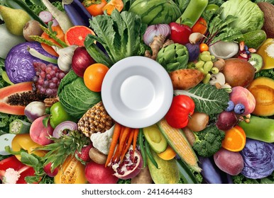 Eating A Healthy Diet as a nutrition symbol of a plant based dietary choice with an empty plate to eat high nutrient foods as vegetables fruit legumes beans and nuts with 3D illustration elements. - Powered by Shutterstock