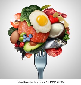 Eating Ketogenic Food And Keto Nutrition Lifestyle Diet Low Carb And High Fat Meal As Fish Nuts Eggs Meat Avocado And Other Healthy Ingredients On A Fork With 3D Illustration Elements.