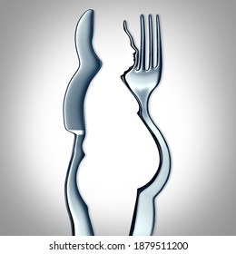 Eating Too Much And Weight Gain Or Obesity Concept As A Fork And Knife Shaped As An Obese Person With A Food Disorder Or Overeating Fat Unhealthy Man As A 3D Render.