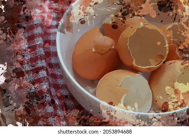 Eating A Soft-boiled Egg. Brown Eggshells In A White Ceramic Bowl. Red And White Checkered Tablecloth. Digital Watercolor Painting.