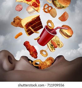 Eating an unhealthy diet as a human mouth binging on high calorie food as a hamburger pizza and cake falling into open hungry lips with 3D illustration elements.