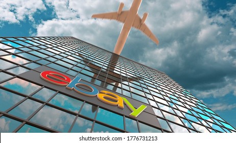 eBay logo on a modern skyscraper reflecting clouds and flying airplane. Editorial conceptual 3d rendering