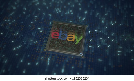 Ebay logo on the processor on computer board. conceptual editorial  animation 3D rendering