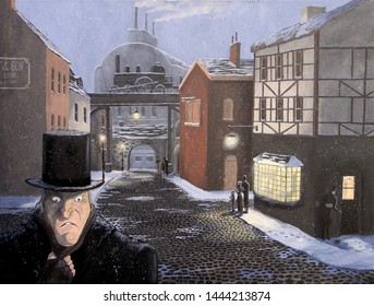 Ebenezer Scrooge Walks The Snowy Night Streets Of London, Ignoring Carolers And A Beggar In This Scene From Dickens' A Christmas Carol.