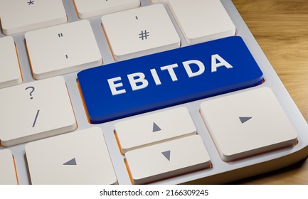 Ebitda (earnings before interest, tax, depreciation, and amortization). White computer keyboard with one key in blue and the word EBITDA. Profitability and business data concept. 3D illustration