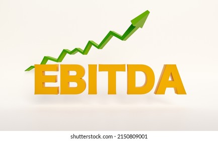 EBITDA (Earnings Before Interest, Taxes, Depreciation, and Amortization) and a green rising chart. EBITDA in golden letters. Corporate, balance sheet, earnings and tax concept. 3D illustration