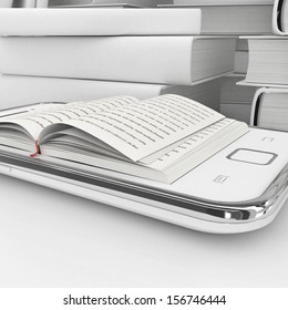 e-book 3d concept - book instead of display on the touch screen phone