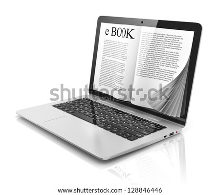 e-book 3d concept - book instead of display on the notebook, laptop