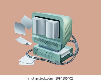 E-book display retro computer 3D render illustration