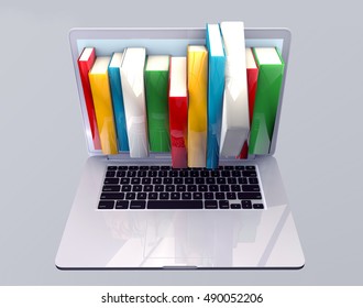 E-book library concept with laptop computer and books