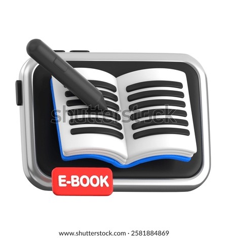 Ebook Reader 3D illustration. displaying an open digital book with a stylus, representing digital reading, e-learning, and online book consumption