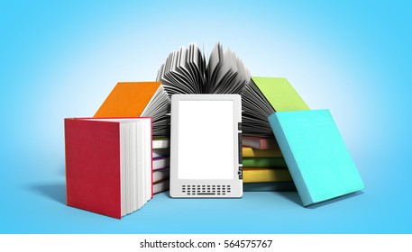 E-book reader Books and tablet 3d render image on gradient