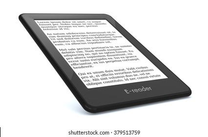 Ebook Reader On White Background, The Text On The Screen Is The Lorem Ipsum (3d Render)