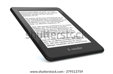 ebook reader on white background, the text on the screen is the Lorem Ipsum (3d render)