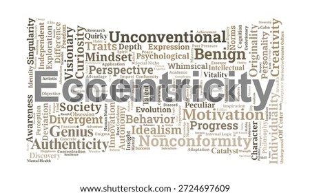 Eccentricity Word Cloud. A Visual Summary of Unconventional Behavior, Individualism, and Benign Nonconformity in Psychology. Ideal for Educational Research and Behavioral Analysis.